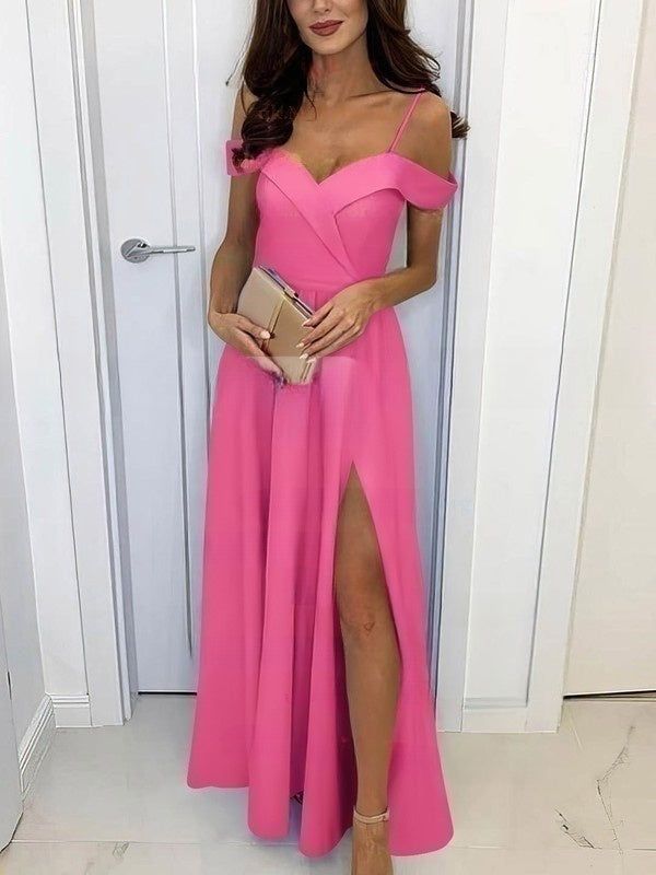 A-Line Off-the-Shoulder Split Front Silk-Like Satin Prom Dress