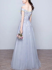 A-line Off-the-shoulder Tulle Floor-length Appliques Lace Prom Dresses