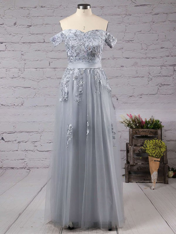 A-line Off-the-shoulder Tulle Floor-length Appliques Lace Prom Dresses