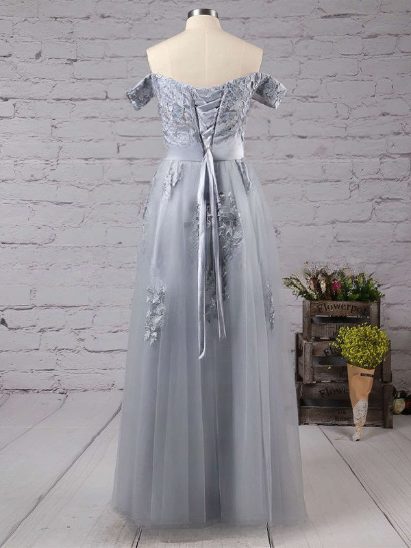 A-line Off-the-shoulder Tulle Floor-length Appliques Lace Prom Dresses