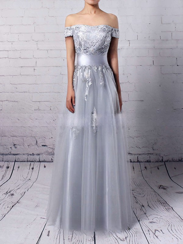 A-line Off-the-shoulder Tulle Floor-length Appliques Lace Prom Dresses