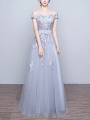 A-line Off-the-shoulder Tulle Floor-length Appliques Lace Prom Dresses