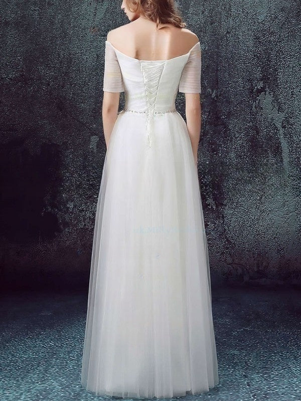 A-line Off-the-shoulder Tulle Floor-length Wedding Dress with Beading