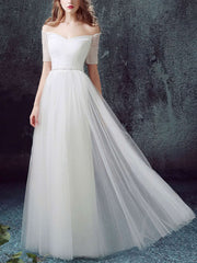 A-line Off-the-shoulder Tulle Floor-length Wedding Dress with Beading