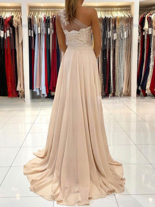 A-line Prom Dress with One Shoulder Chiffon Appliques & Lace Trim