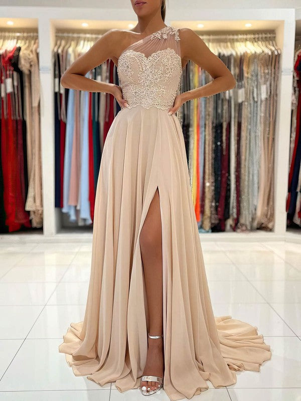 A-line Prom Dress with One Shoulder Chiffon Appliques & Lace Trim