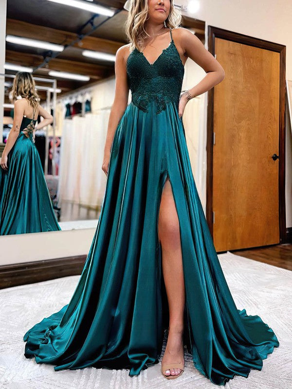 A-line Prom Dresses, V-neck Silk-like Satin with Sweep Train and Appliques Lace