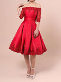 A-line Satin Short Prom Dress with Scalloped Neck and Appliques Lace