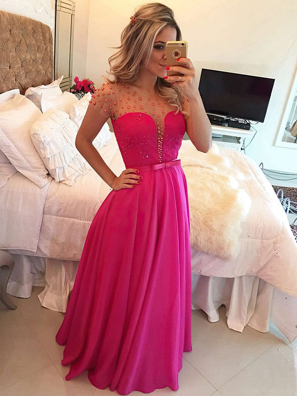 A-line Scoop Neck Chiffon Floor-length Lace Prom Dresses