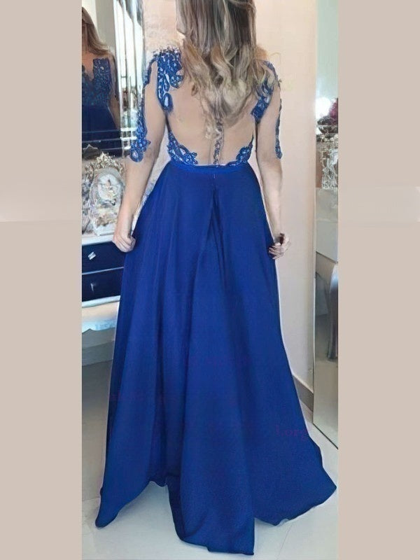 A-line Scoop Neck Chiffon Floor-length Prom Dress with Appliques Lace