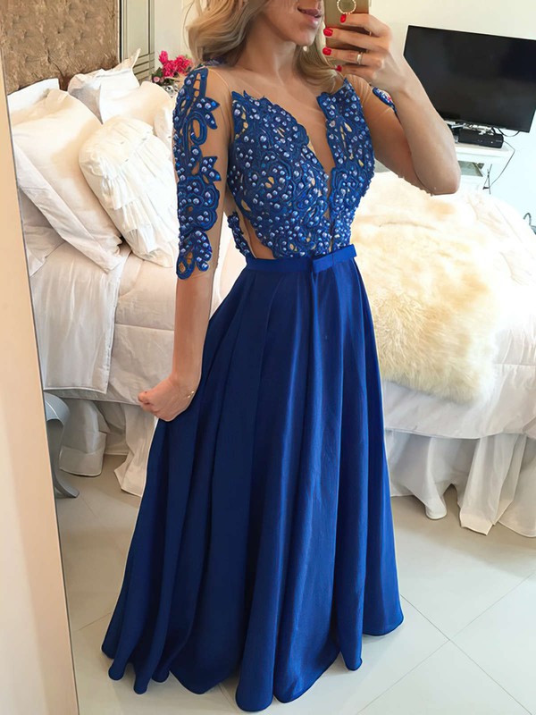 A-line Scoop Neck Chiffon Floor-length Prom Dress with Appliques Lace