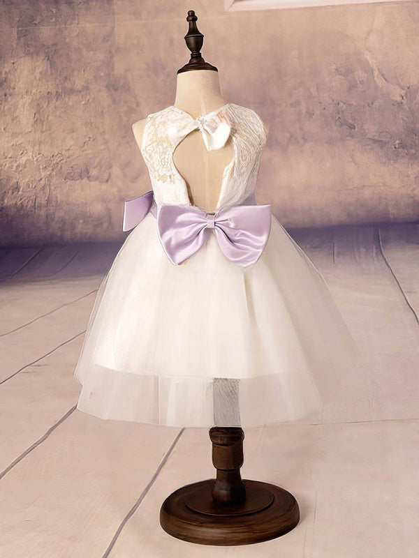 A-Line Scoop Neck Lace Tulle Ankle-Length Bow Flower Girl Dress