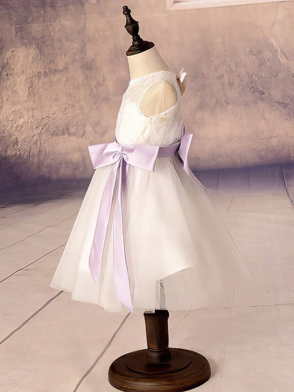 A-Line Scoop Neck Lace Tulle Ankle-Length Bow Flower Girl Dress