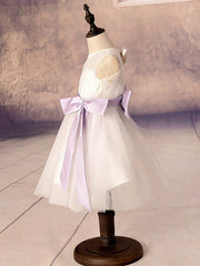 A-Line Scoop Neck Lace Tulle Ankle-Length Bow Flower Girl Dress