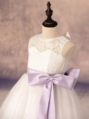 A-Line Scoop Neck Lace Tulle Ankle-Length Bow Flower Girl Dress