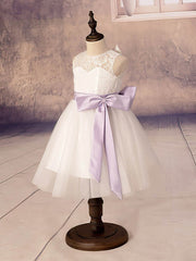 A-Line Scoop Neck Lace Tulle Ankle-Length Bow Flower Girl Dress