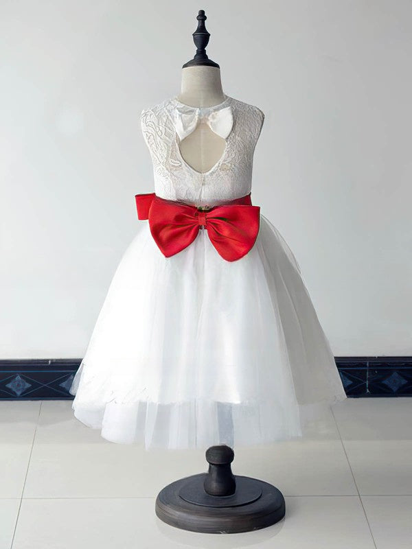 A-line Scoop Neck Lace Tulle Ankle-length Bow Flower Girl Dresses