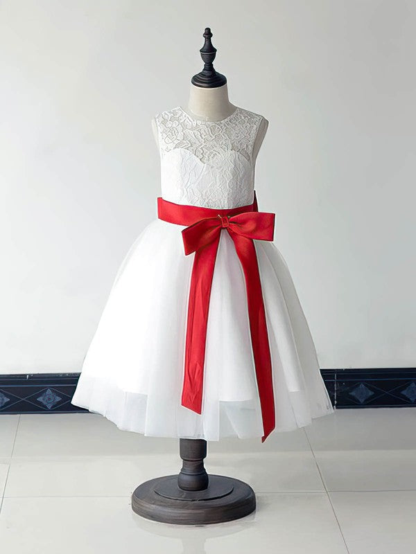 A-line Scoop Neck Lace Tulle Ankle-length Bow Flower Girl Dresses