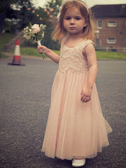 A-Line Scoop Neck Lace Tulle Ankle-Length Ruffles Flower Girl Dress