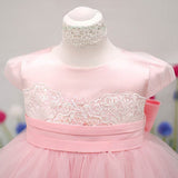 A-Line Scoop Neck Lace Tulle Elastic Woven Satin Ankle-Length Bow Flower Girl Dress