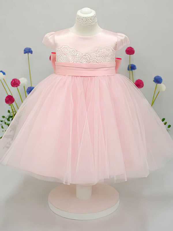 A-Line Scoop Neck Lace Tulle Elastic Woven Satin Ankle-Length Bow Flower Girl Dress