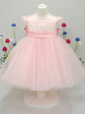 A-Line Scoop Neck Lace Tulle Elastic Woven Satin Ankle-Length Bow Flower Girl Dress