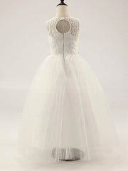 A-line Scoop Neck Lace Tulle Floor-length Ruffles Flower Girl Dresses