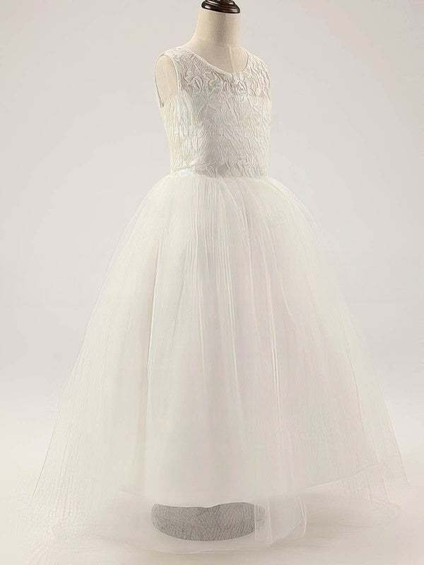 A-line Scoop Neck Lace Tulle Floor-length Ruffles Flower Girl Dresses