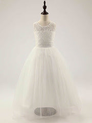 A-line Scoop Neck Lace Tulle Floor-length Ruffles Flower Girl Dresses