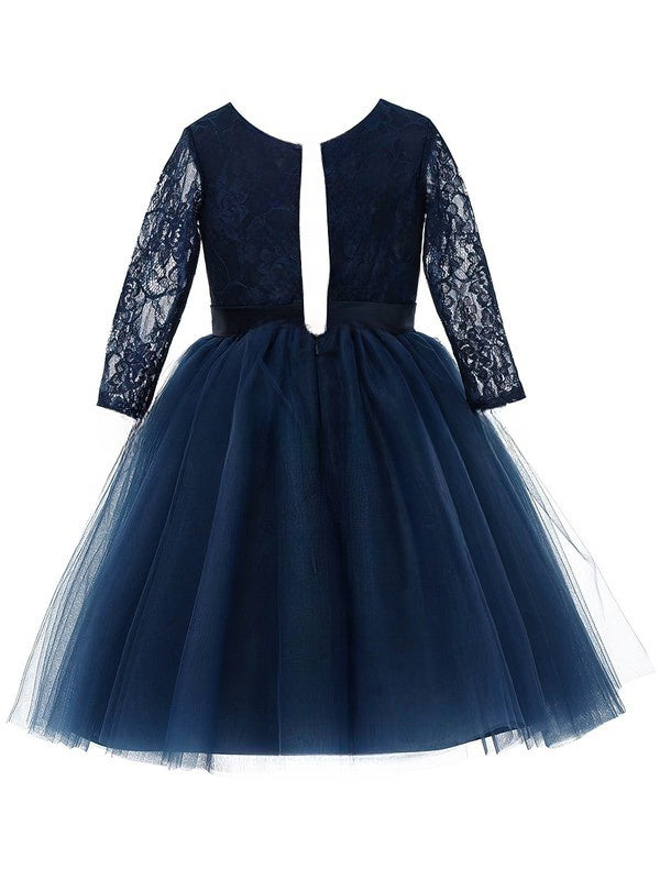 A-line Scoop Neck Lace Tulle Sashes / Ribbons Long Sleeve Tea-length Flower Girl Dress