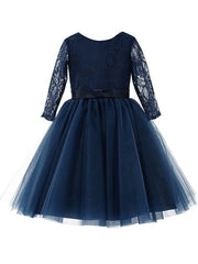 A-line Scoop Neck Lace Tulle Sashes / Ribbons Long Sleeve Tea-length Flower Girl Dress