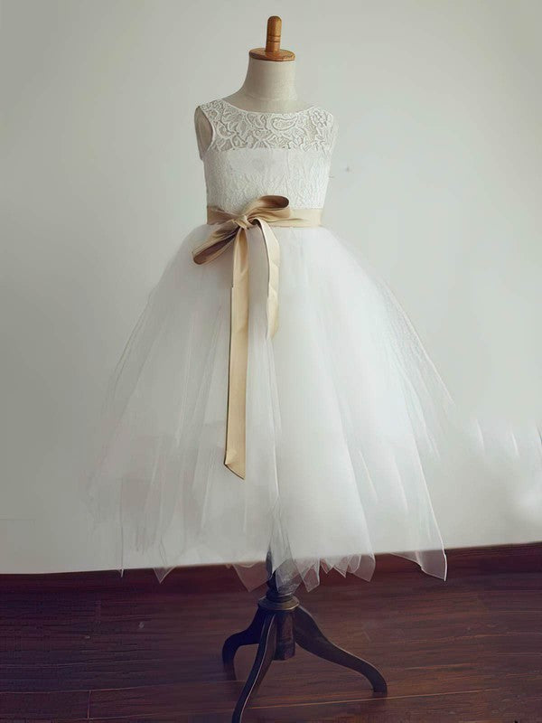 A-line Scoop Neck Lace Tulle Tea-length Flower Girl Dresses with Sashes / Ribbons