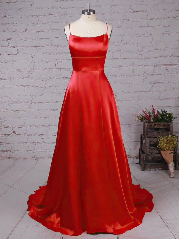 A-line Scoop Neck Satin Sweep Train Split Front Prom Dress