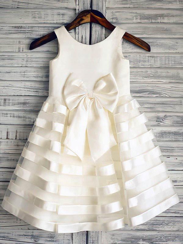 A-line Scoop Neck Satin Tiered Flower Girl Dresses