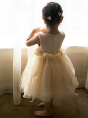 A-line Scoop Neck Satin Tulle Tea-length Bow Flower Girl Dresses