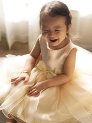 A-line Scoop Neck Satin Tulle Tea-length Bow Flower Girl Dresses