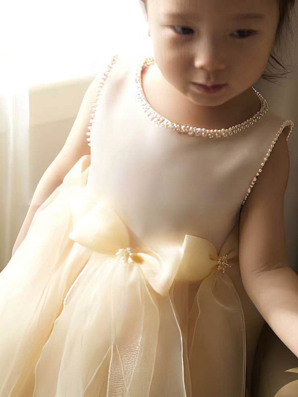 A-line Scoop Neck Satin Tulle Tea-length Bow Flower Girl Dresses