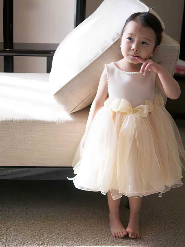 A-line Scoop Neck Satin Tulle Tea-length Bow Flower Girl Dresses