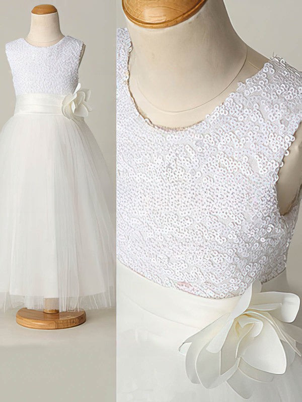 A-line Scoop Neck Tulle Sequined Flower Girl Dresses for Ankle-length Flower(s)