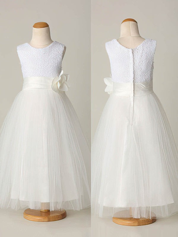 A-line Scoop Neck Tulle Sequined Flower Girl Dresses for Ankle-length Flower(s)