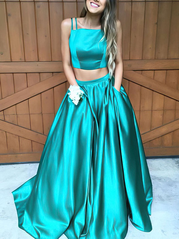 A-Line Square Neckline Satin Sweep Train Prom Dress with Pockets