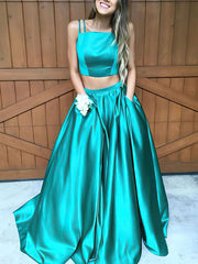 A-Line Square Neckline Satin Sweep Train Prom Dress with Pockets