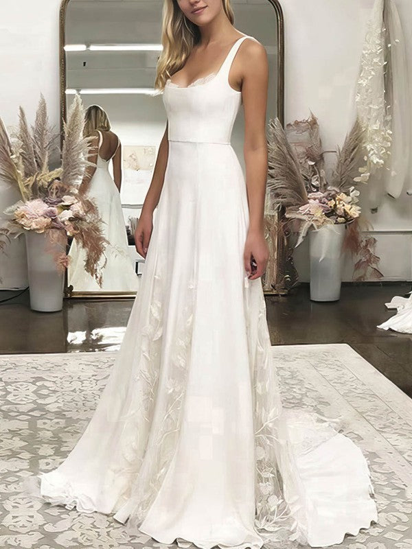 A-line Square Neckline Stretch Crepe Wedding Dress with Lace Sweep Train