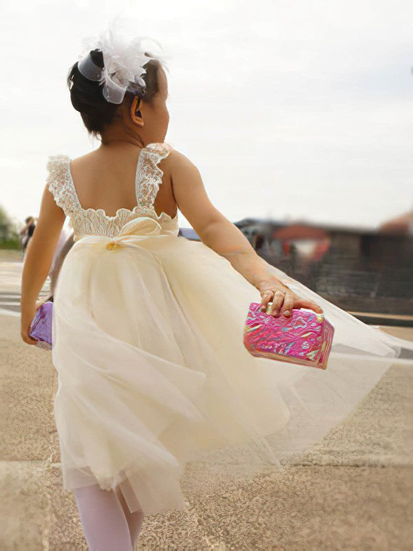 A-line Square Neckline Tulle Flower Girl Dresses with Sashes / Ribbons