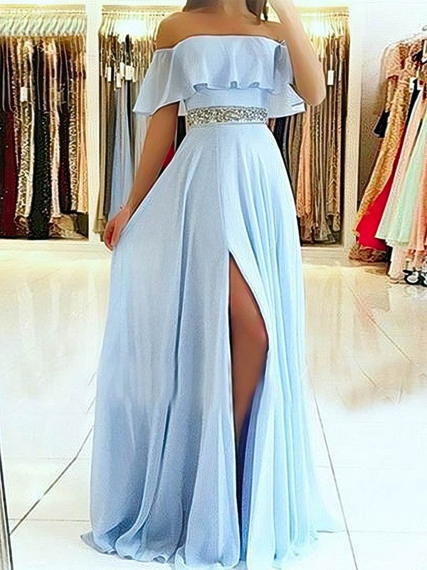 A-Line Sweep Train Off-the-Shoulder Chiffon Beaded Prom Dress