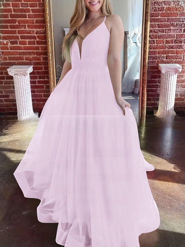 A-line Sweep Train Tulle V-neck Prom Dresses