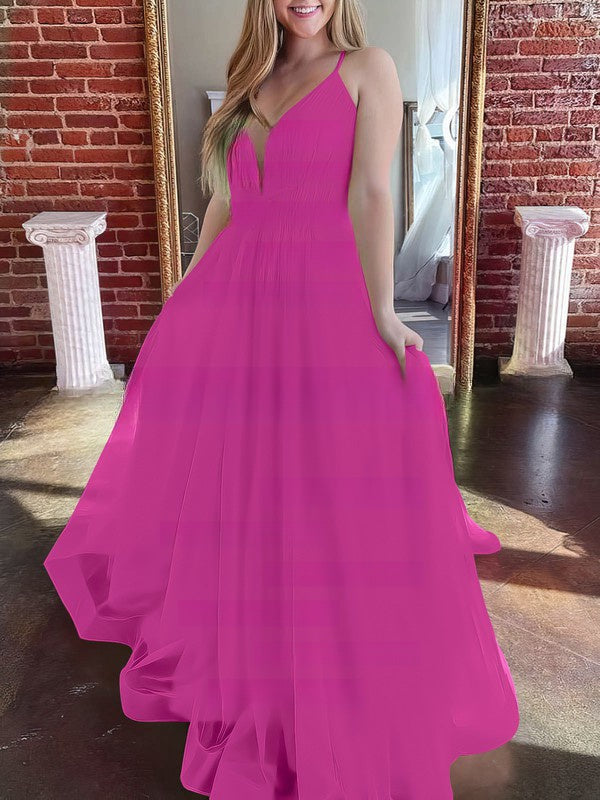 A-line Sweep Train Tulle V-neck Prom Dresses