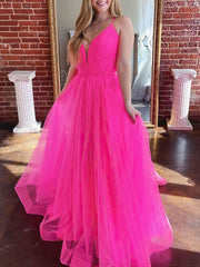 A-line Sweep Train Tulle V-neck Prom Dresses