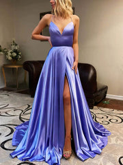 A-Line Sweep Train V-Neck Satin Split Front Prom Dress