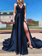 A-Line Sweep Train V-Neck Satin Split Front Prom Dress